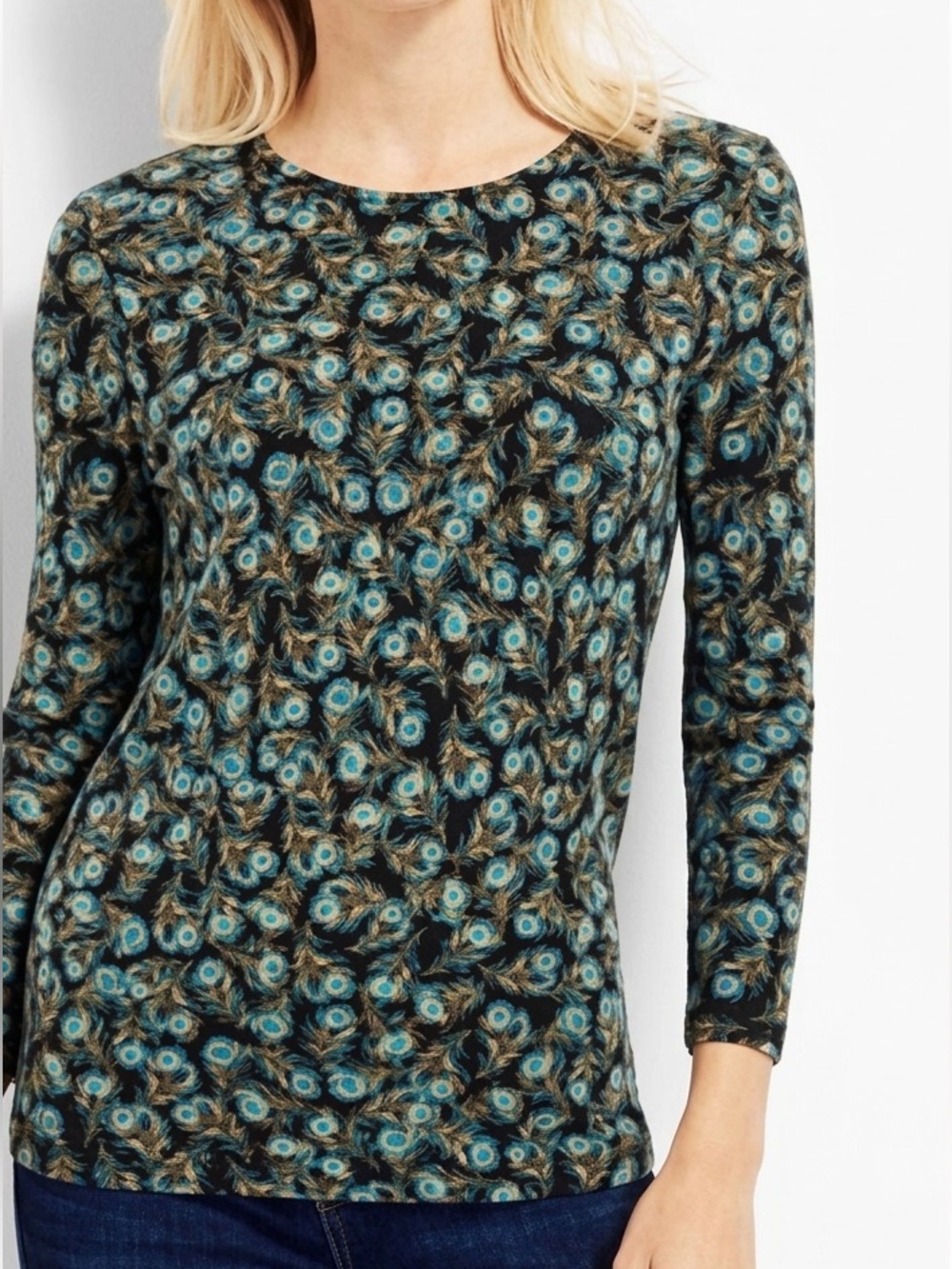 Talbots Audrey 100% Pure Cashmere Peacock Feather Print Sweater Small Petite